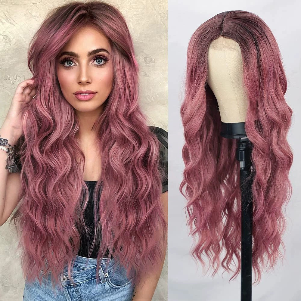 European and American wigs, women's front lace wigs, medium points, small lace highlights, long curly hair, chemical fiber headgear.