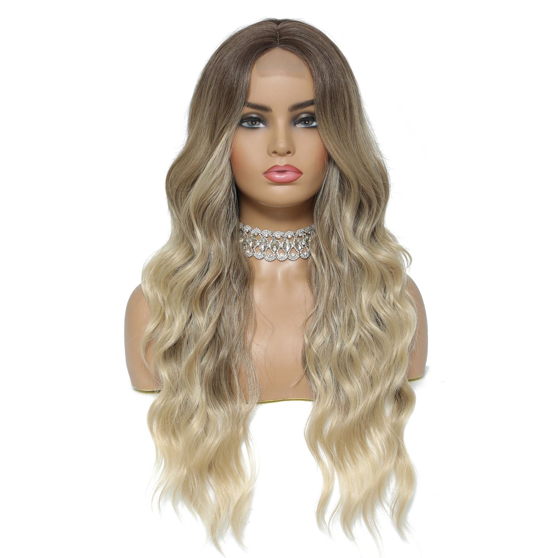 European and American wigs, women's front lace wigs, medium points, small lace highlights, long curly hair, chemical fiber headgear.