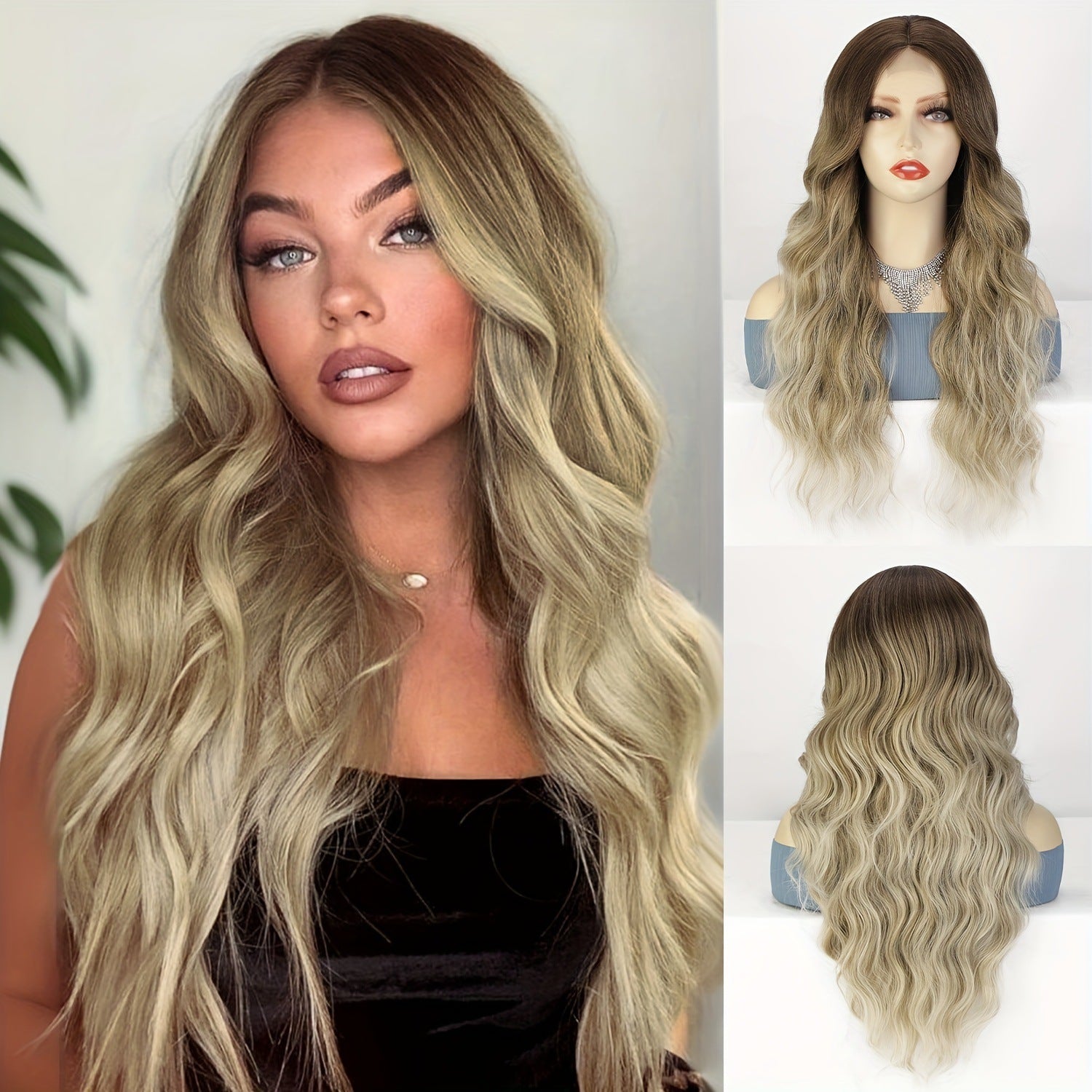 European and American wigs, women's front lace wigs, medium points, small lace highlights, long curly hair, chemical fiber headgear.