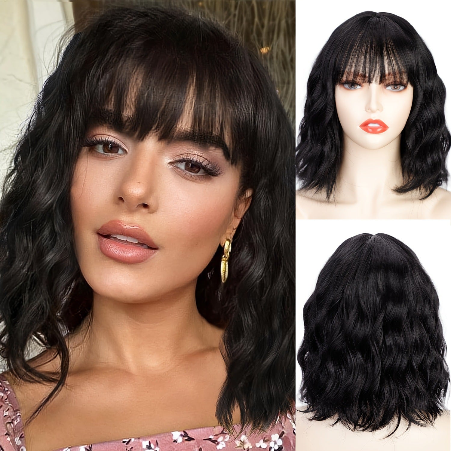 European and American wig women Qi bangs BOBO water ripple short curly hair headgear chemical fiber high temperature silk mechanism headgear wigs