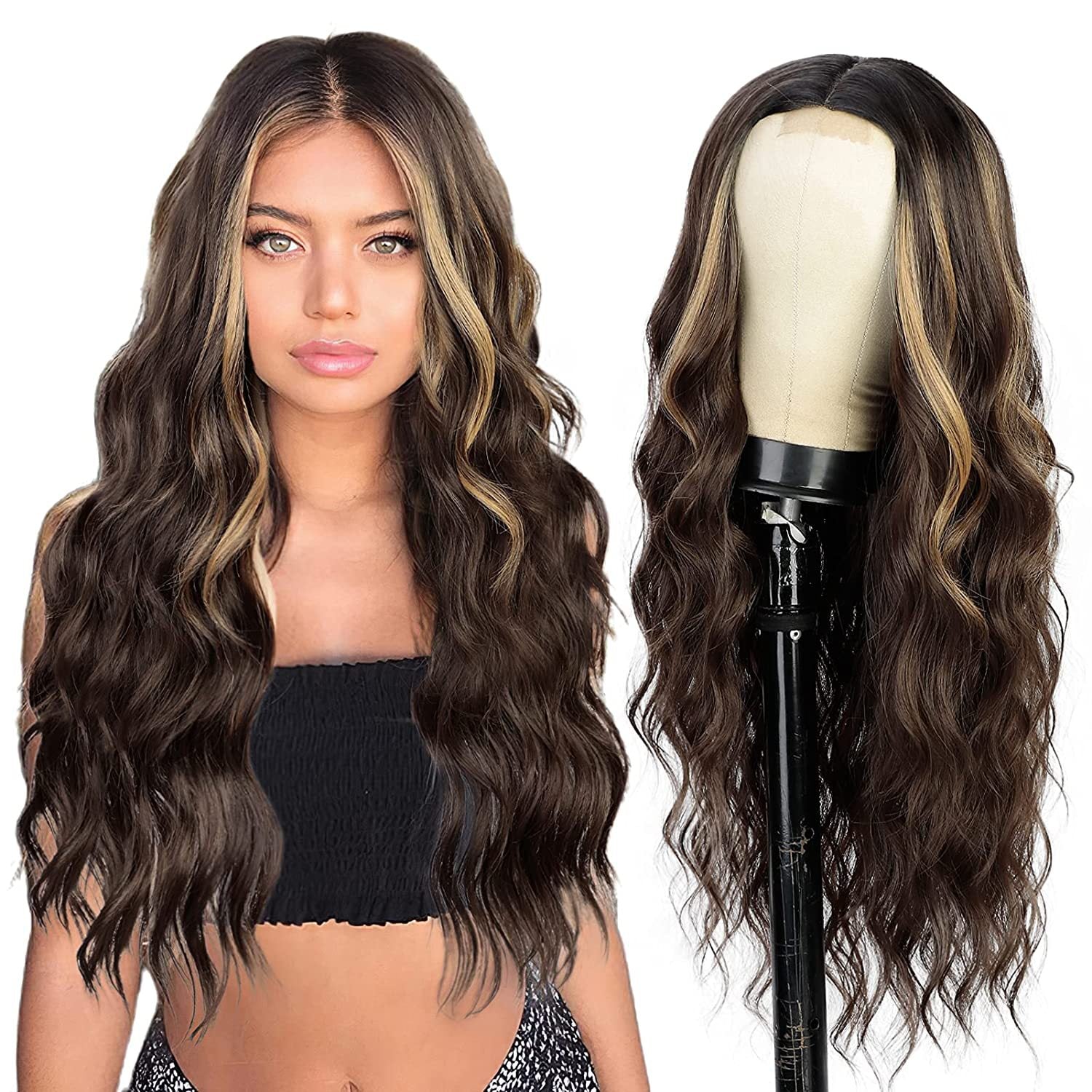 European and American wigs, women's front lace wigs, medium points, small lace highlights, long curly hair, chemical fiber headgear.