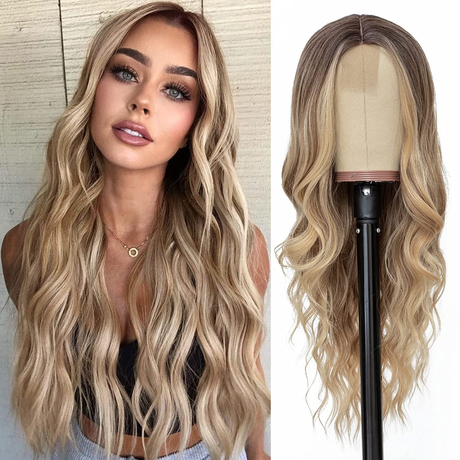 European and American wigs, women's front lace wigs, medium points, small lace highlights, long curly hair, chemical fiber headgear.
