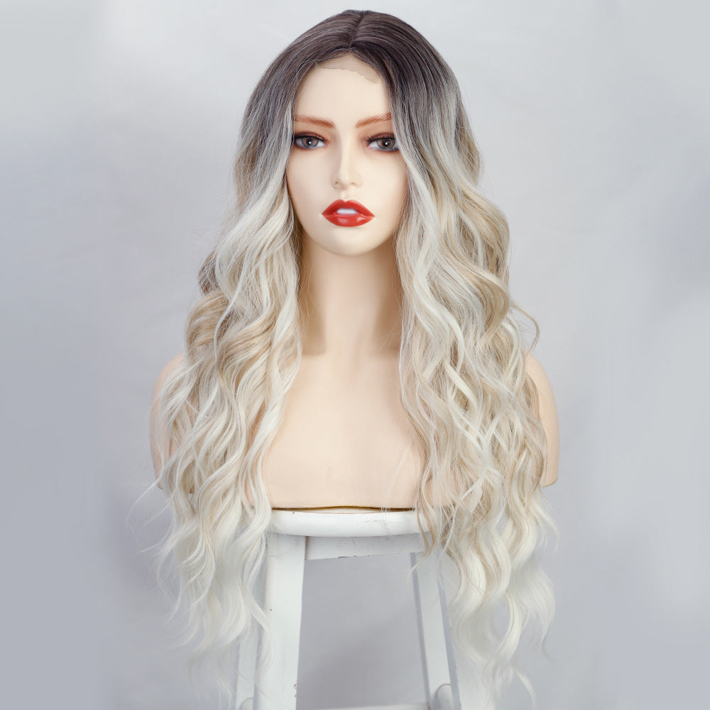 European and American wigs, women's front lace wigs, medium points, small lace highlights, long curly hair, chemical fiber headgear.